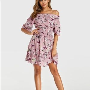 Pink Floral Print Off Shoulder Smocked dress